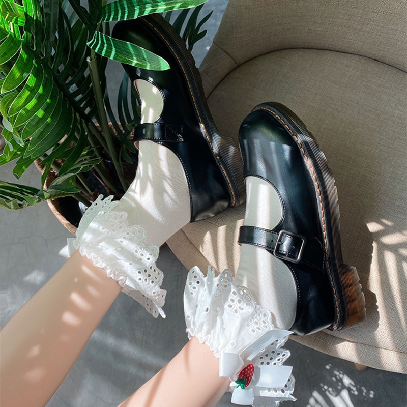 Xiangbao Vớ Ngắn Tới Mắt Cá Chân Phối Ren Đính Nơ Họa Tiết Dâu Tây Kiểu Lolita Nhật Bản Ngọt Ngào Cho Nữ