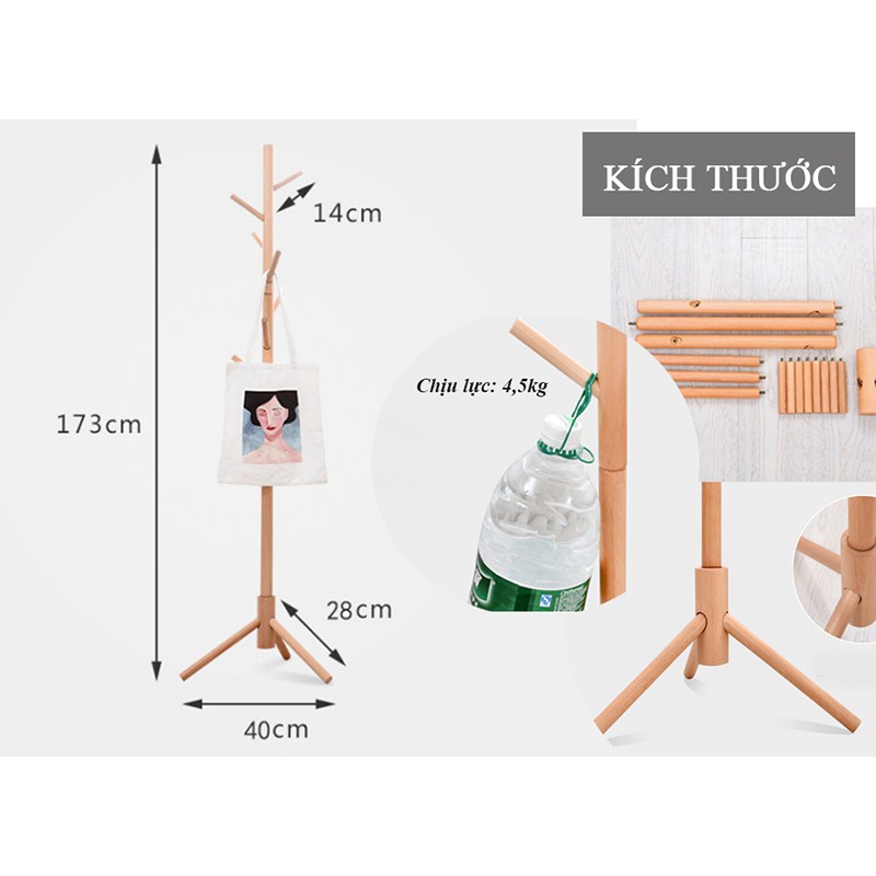 Cây Treo Mũ Quần Áo Túi Xách Gỗ Lắp Ghép Thông Minh kích thước 173 x 40cm #3