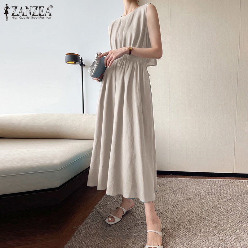 Đầm dài ZANZEA không tay cổ tròn phối dây rút thanh lịch thời trang cho nữ