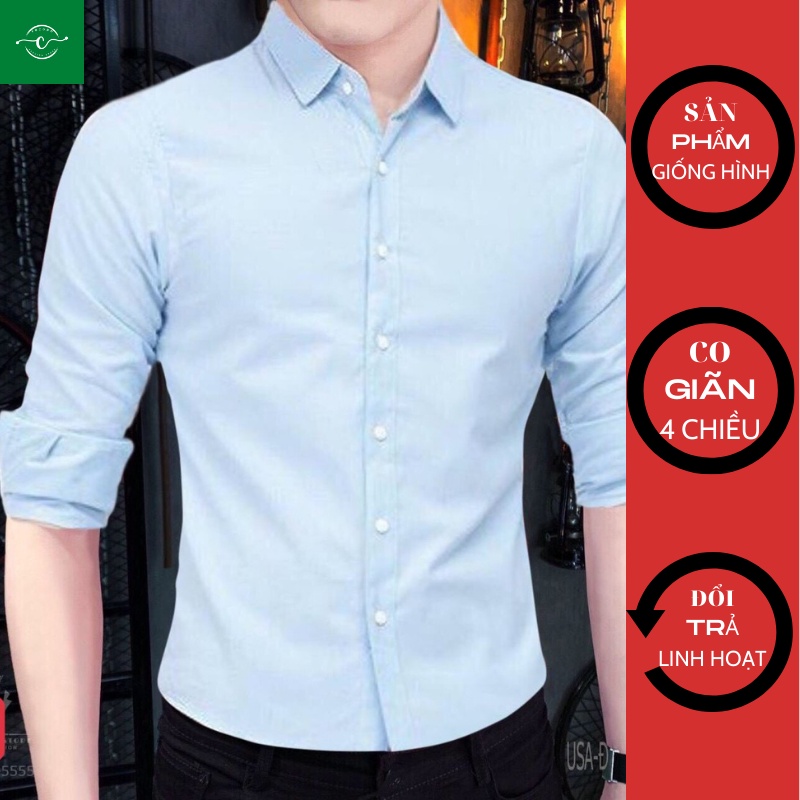 Áo sơ mi nam dài tay cổ bẻ, áo màu xanh nhạt chất vải lụa, không nhăn không xù ENNY 11