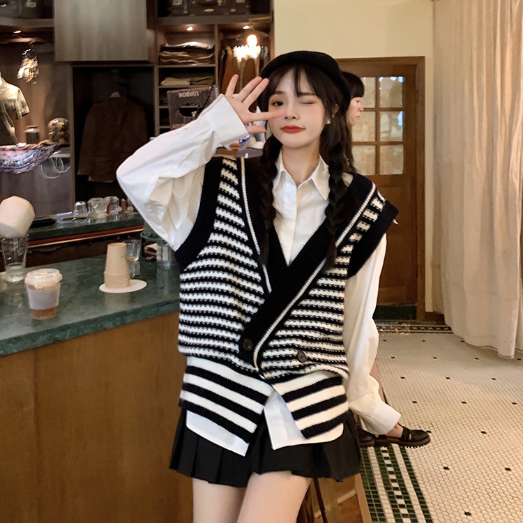 Áo khoác len cardigan kiểu gile sọc ngang phong cách Hàn Quốc