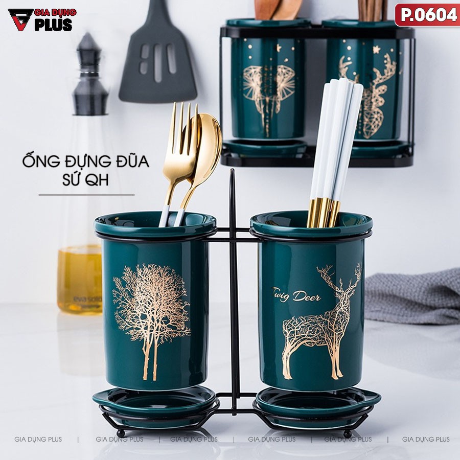 Hộp đựng đũa sứ, thìa, muỗng sứ dán tường & đặt bàn - màu xanh ngọc lục bảo (xanh cổ vịt)