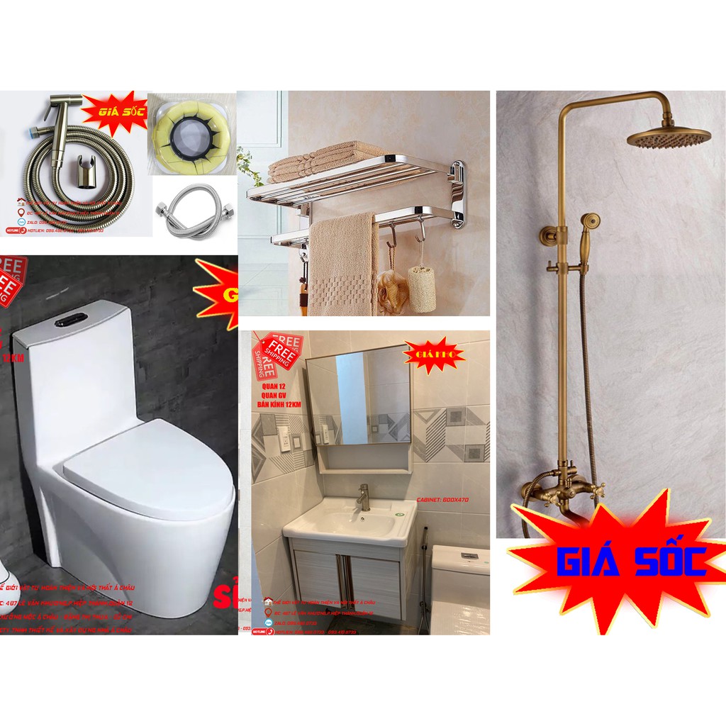 thiết bị vệ sinh bồn cầu 1 khối,sen cây nóng lạnh,tủ lavabo,kệ khăn,xịt cầu