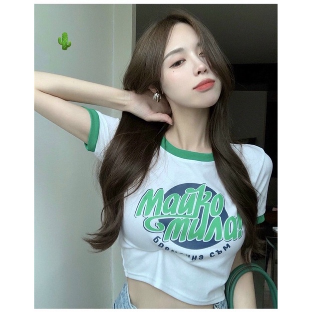 Áo croptop tay ngắn phối xanh xinh xẻo alohashop91