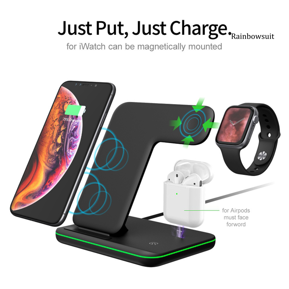 RB- 3 in 1 15W Rapid Wireless Charger Stand for Apple Watch iPhone Android Earphones