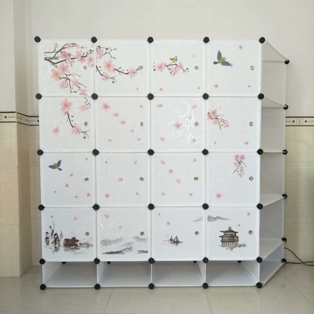 Tủ nhựa ghép 16 ô kèm 4 giày và 5 góc chéo sâu 47cm. Tặng kèm 2 treo đồ. Thân trắng cửa hoa đào. Mẫu siêu HOT 2019.