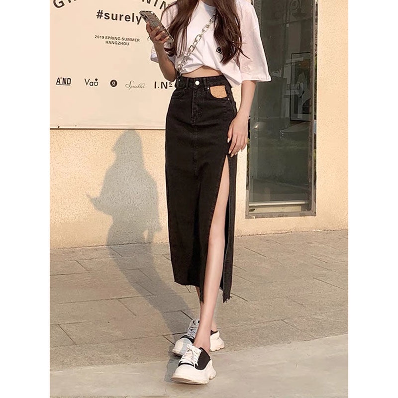 Jiashucheng Chân Váy Denim Xẻ Tà Thời Trang Mùa Hè Cho Nữ