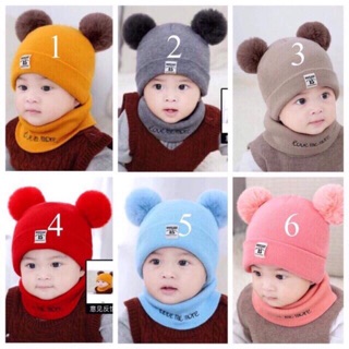 SET KHĂN MŨ LEN 2 QUẢ BÔNG CHO BÉ