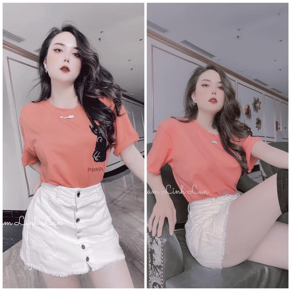 NEW👉 Set áo thun hồng chân váy kaki trắng phối cúc hót quá hót