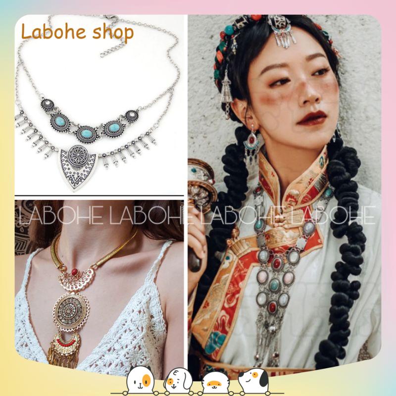 Vòng đeo cổ họa tiết dân tộc to bản tua rua phong cách Boho