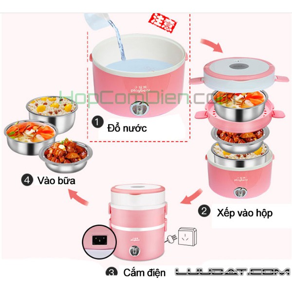 Hộp cơm hâm nóng điện Playbear (mới nhất) inox xịn 304 3 tầng DFH-2019