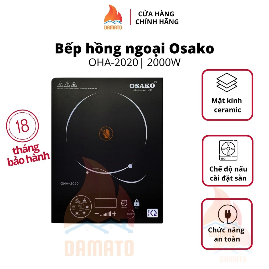 Bếp hồng ngoại đơn Osako mặt kính Ceramic, bếp điện mini OHA-2020 công suất 2000W