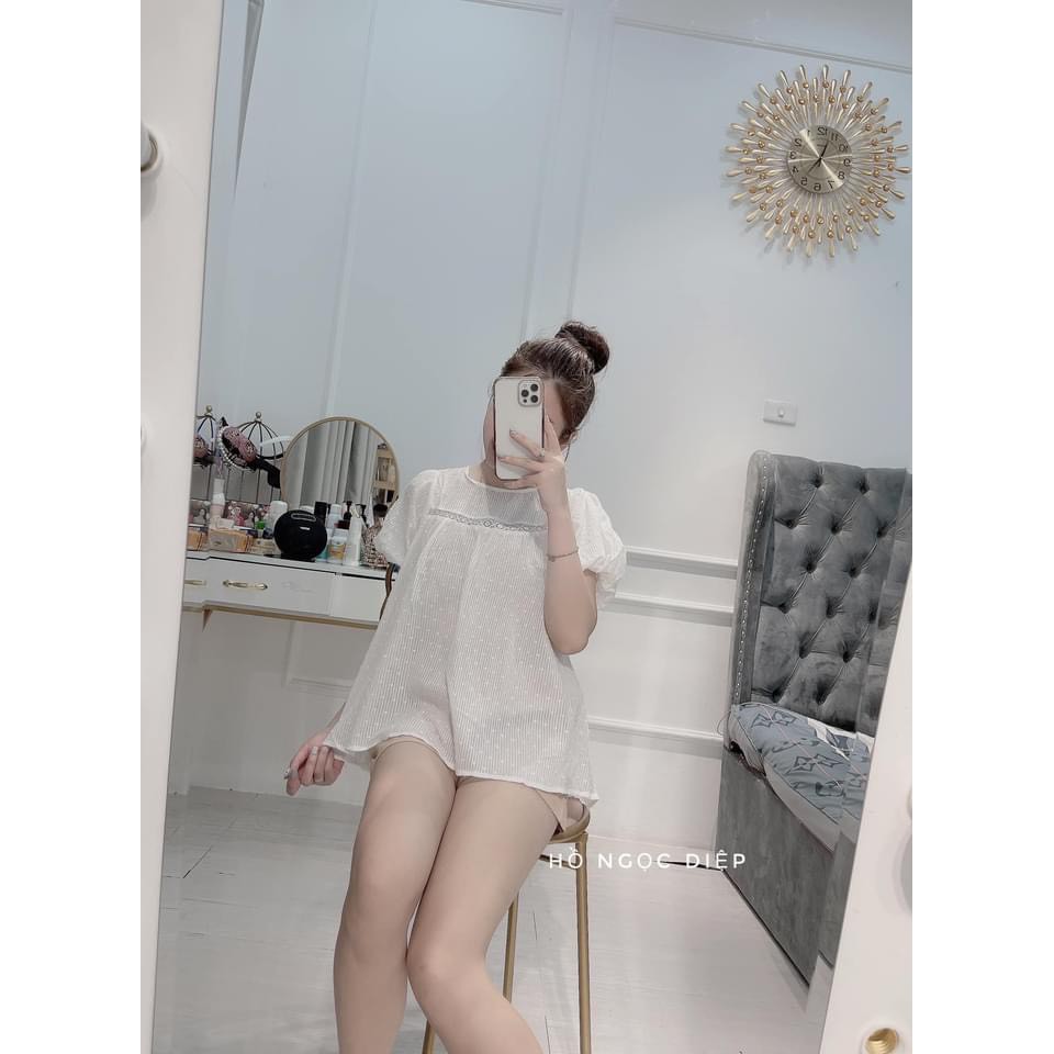 SNU169 - SET NỮ ÁO REN TRẮNG TAY BỒNG MIX QUẦN SOOC NÂU | BigBuy360 - bigbuy360.vn