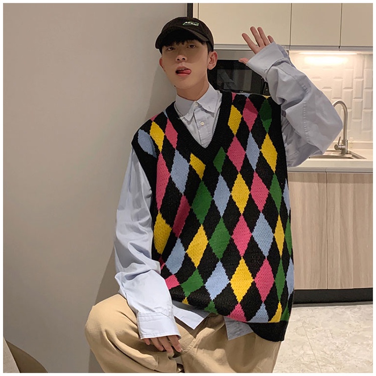 【M-2XL】Thời trang nam đầy màu sắc kẻ sọc V In thanh niên Vest nam xu hướng trẻ trung Đa năng không tay Unisex Vest cặp đôi