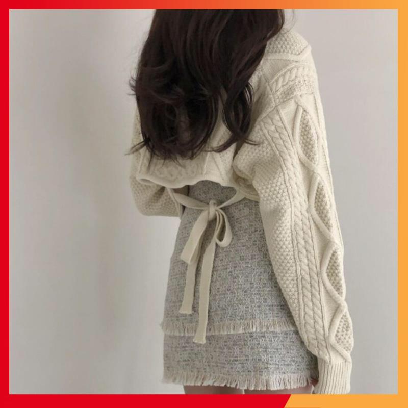 {ORDER} áo len croptop dài tay có giây buộc sau lưng phong cách hàn quốc | BigBuy360 - bigbuy360.vn
