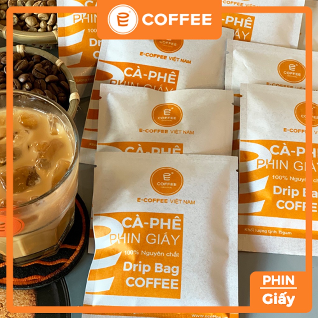 Cà phê phin giấy E COFFEE (drip bag coffee) sử dụng cafe robusta honey premium với hương thơm hậu vị ngọt kéo dài.