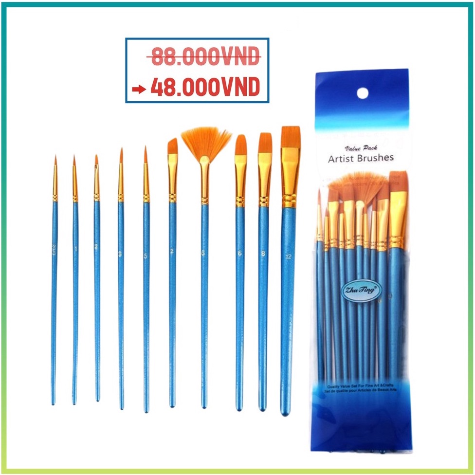 Bộ 10 cọ vẽ màu nước, sơn dầu chuyên nghiệp , đầu sợi nylon với tay cầm bằng gỗ