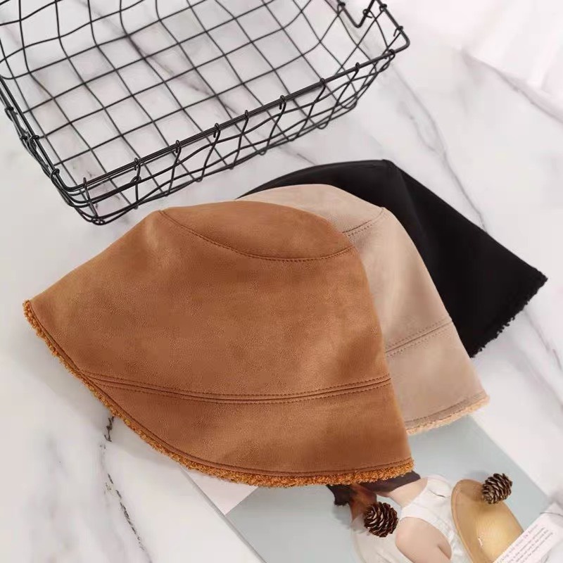 Mũ bucket da lộn lót lông chất liệu xịn xò phong cách Hàn Quốc mới