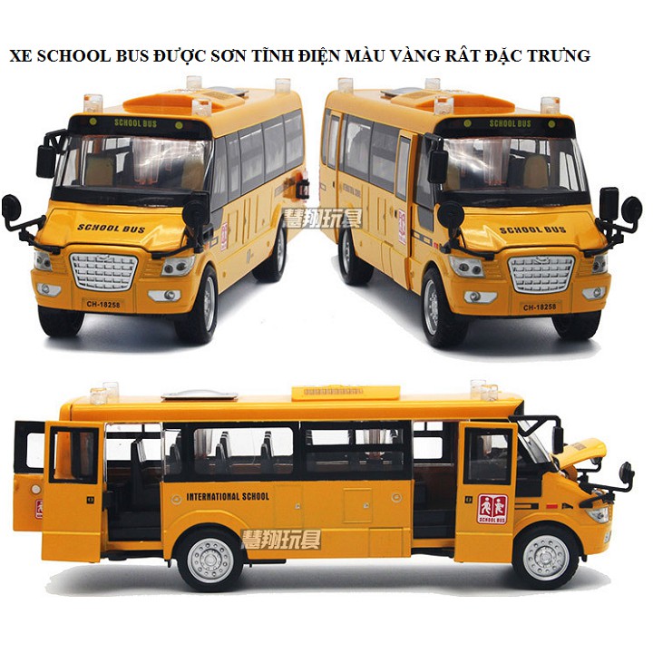 Mô hình xe ô tô School bus đồ chơi trẻ em có âm thanh và đèn sáng xe bằng sắt chạy cót