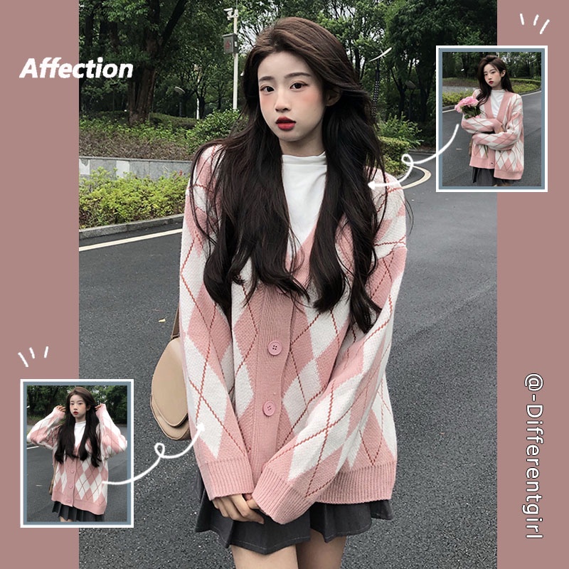 Áo Khoác Cardigan Bằng Vải Dệt Kim Tay Dài Dáng Rộng Rãi Họa Tiết Kim Cương Phong Cách Cổ Điển Nhật Bản