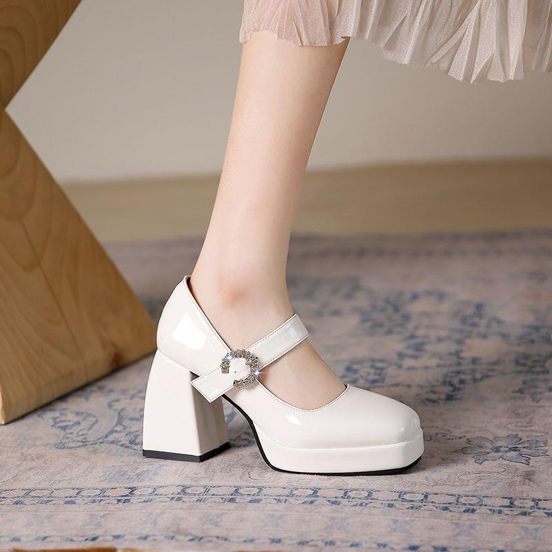 Giày Cao Gót Da Đế Xuồng Màu Đen Phong Cách retro Pháp