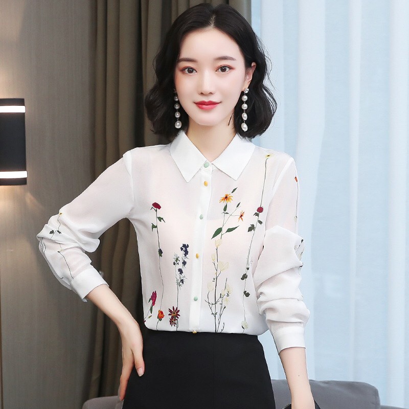 Áo Sơ Mi Nữ Tay Dài Công Sở Phối Họa Tiết Hoa Lá Siêu Xinh Chất Liệu Cao Cấp, Không Nhăn, Không Xù, Không Phai Màu