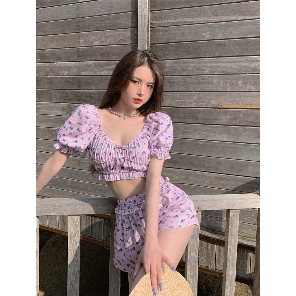 Set áo croptop tay ngắn bong bóng phồng hoa tím hở lưng tím thun + quần short ngắn lưng cao thun đi dạo biển ulzzang