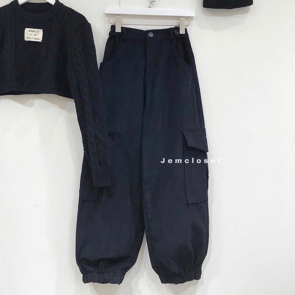 Quần Jogger Nữ Ống Rộng JEM CLOSET Bo Chân Quần Jogger Túi Hộp Nữ PELPAL Chất Nhung Gân Eo Tùy Chỉnh Form Siêu Xinh 2641