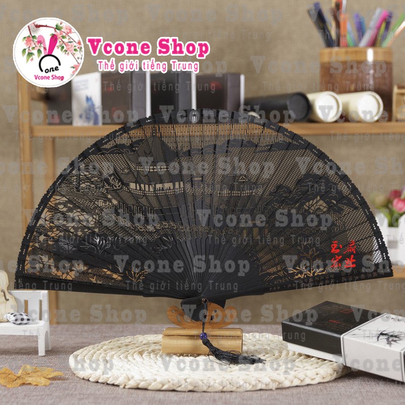 (M880) Quạt gỗ cổ trang bản đẹp nan 21cm khắc hình trên nan PHONG CẢNH CUNG ĐÌNH MẪU ĐƠN phong cách cổ trang Trung Quốc