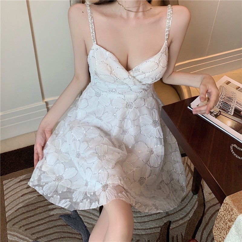 SẴN🖤Đầm dự tiệc tiểu thư công chúa 2 dây đính đá lấp lánh bling bling ren hoa nổi xinh xắn sang chảnh sexy quyến rũ
