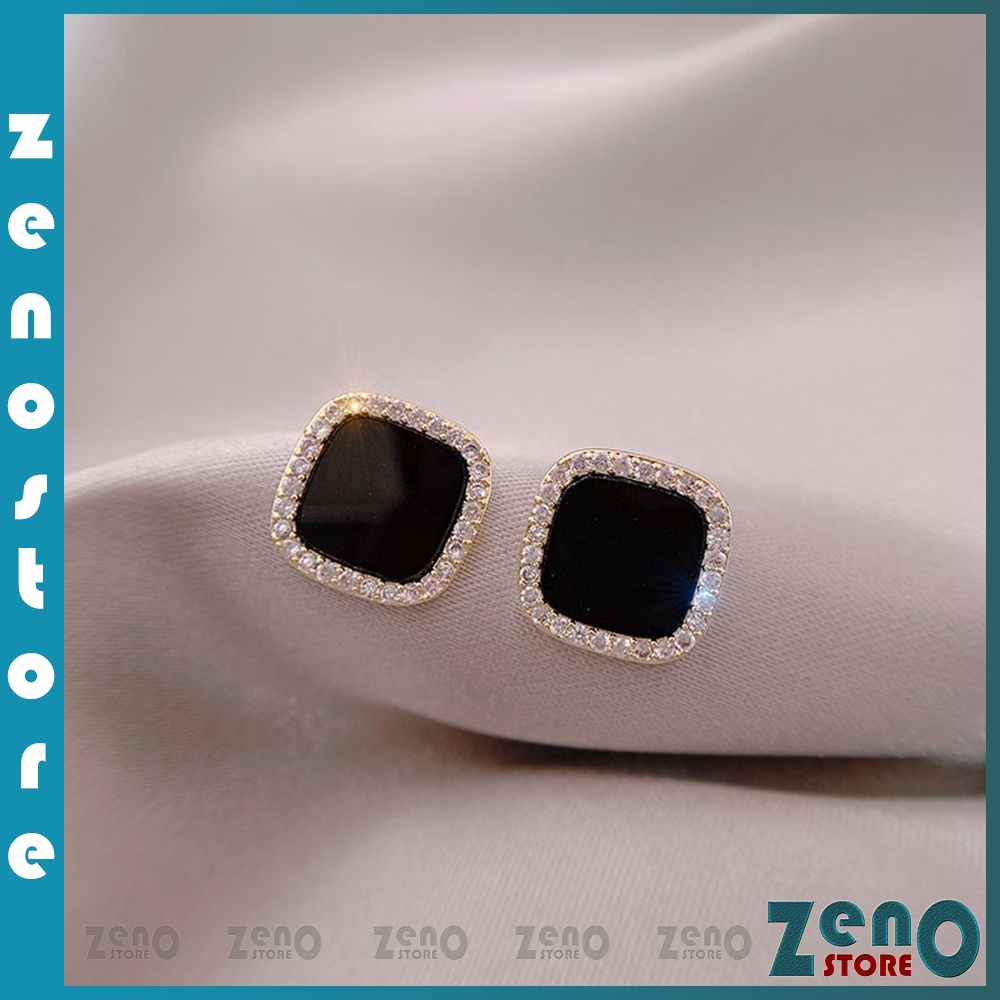 Khuyên tai ZenO đính đá viền bạc Ý KT05, bông tại bạc S925 gắn đá