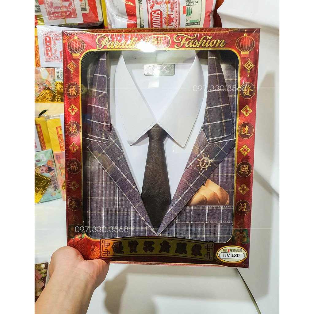 Bộ vest complet nam kèm áo sơ mi cravat, quần áo giấy vàng mã đóng hộp loại đẹp - VM28