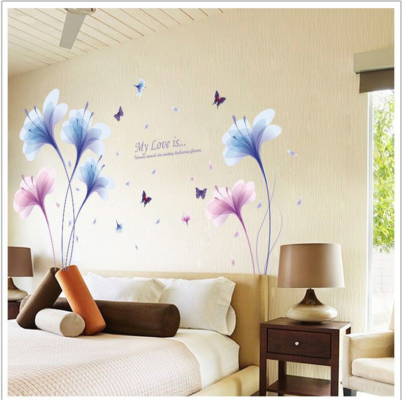 Decal dán tường phòng ngủ [THANH LÝ] Hoa thủy tinh xanh hồng