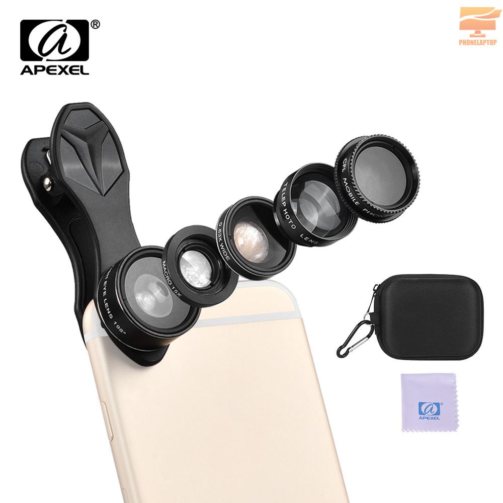 Ống kính 5 trong 1 Lapt APEXEL APL-DG5H 198 ° mắt cá 0.63X góc rộng 15X macro 2X CPL cho iPhone Samsung Huawei