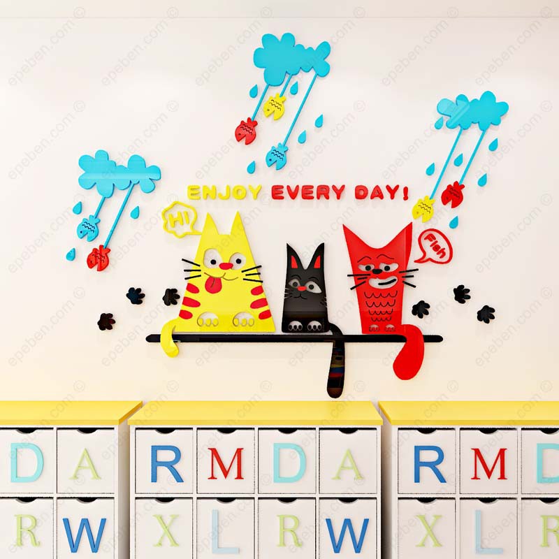 Tranh dán tường mica 3d decor khổ lớn mèo lười trong ngày mưa trang trí mầm non, phòng cho bé Nhiều Size - EPeBen