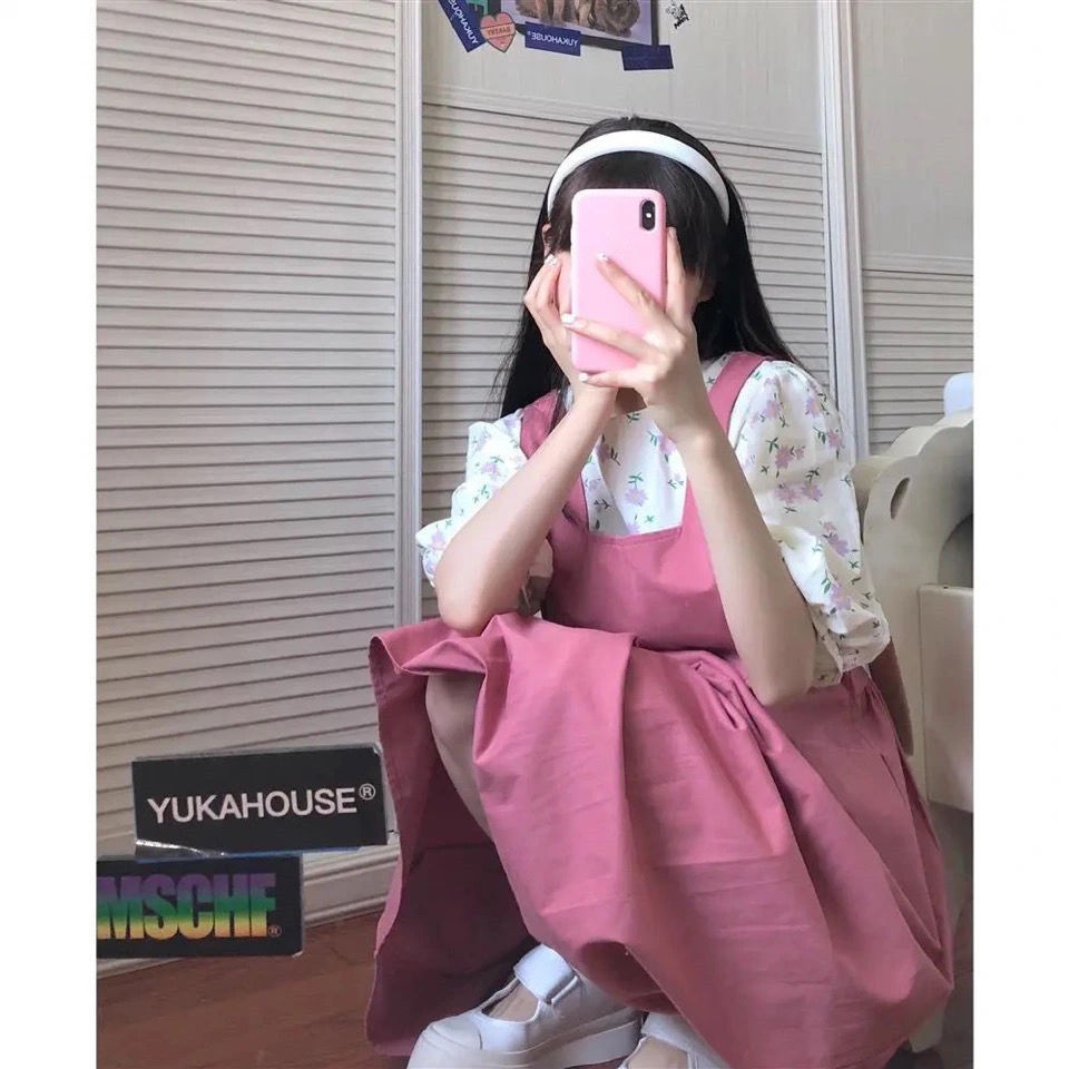 Set Đầm Hoa Hai Dây + Áo Tay Ngắn Dáng Rộng Phong Cách Hàn Quốc Thời Trang Mùa Hè Hàng Mới Dành Cho Bạn Nữ