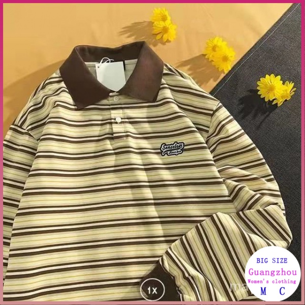 Áo Thun Polo Tay Dài Họa Tiết Kẻ Sọc Phong Cách Retro Hàn Quốc Mới 2021 Cho Nữ