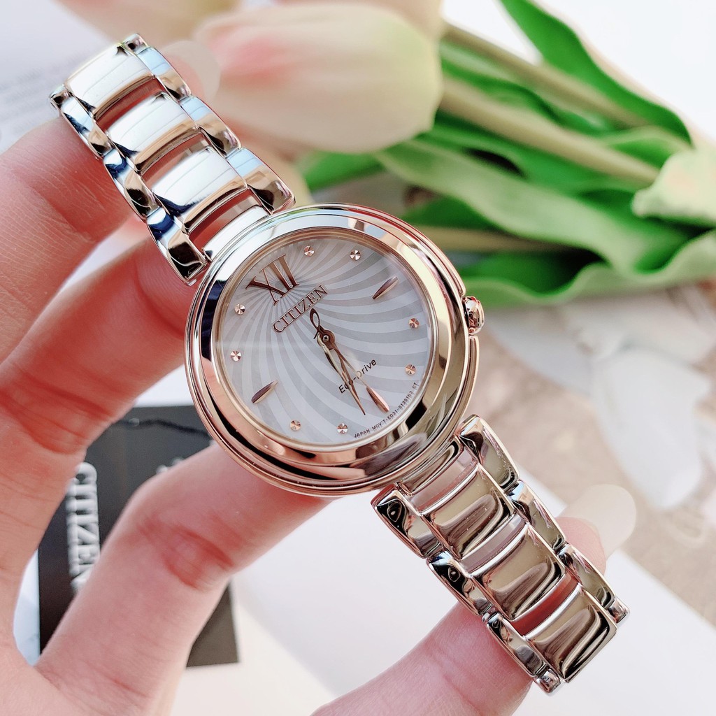 Đồng hồ Nữ chính hãng Citizen EM0335-51D Eco-Drive-Vàng hồng-Năng lượng ánh sáng-Dây kim loại thép không gỉ-Size 30mm