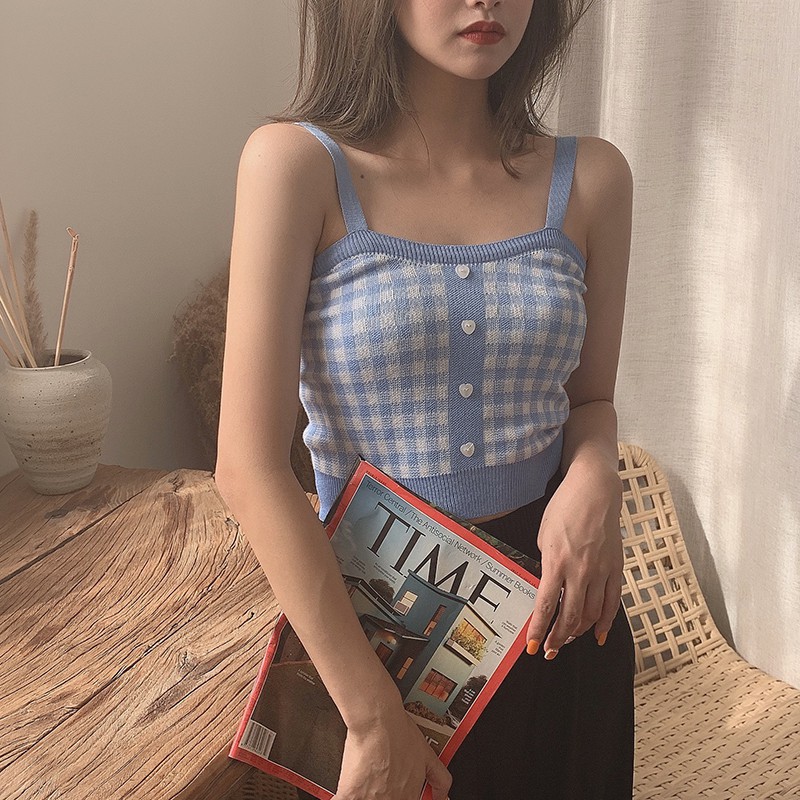 Áo croptop dệt kim hoạ tiết sọc ca-rô thời trang cho nữ