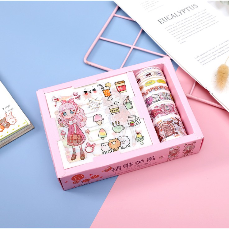 Hộp sticker dán vở siêu đẹp tặng bạn dễ thương, chứa nhiều băng dính cute cho bé ngày sinh nhật