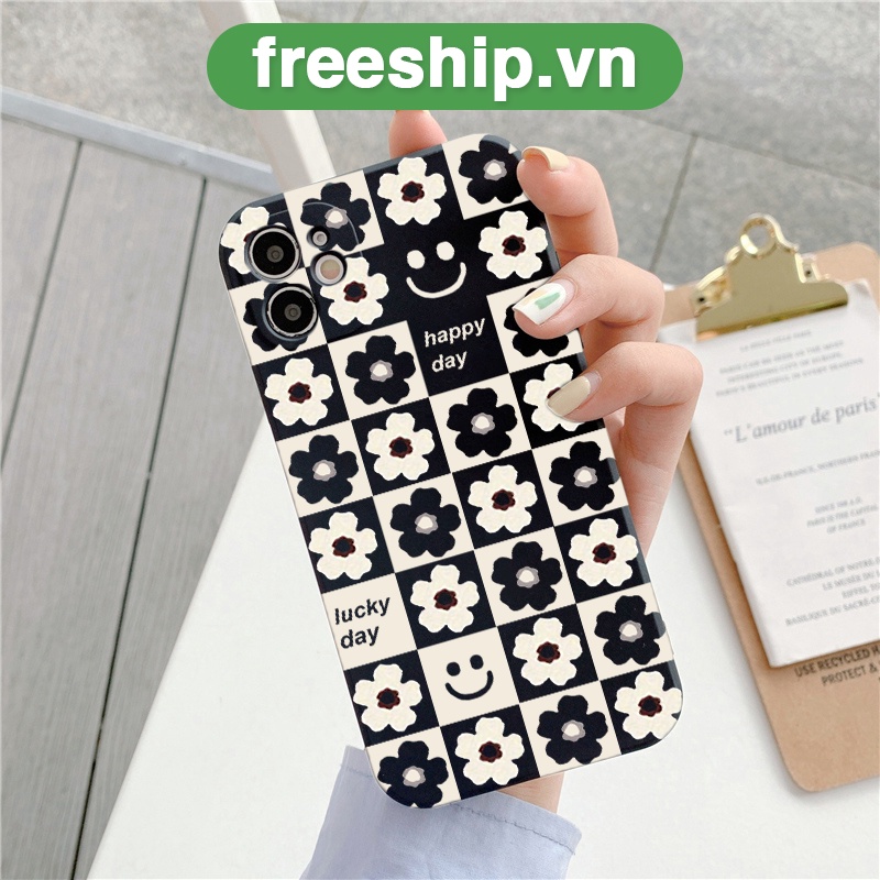 Ốp lưng iphone đen trắng hoa Caro ốp iphone vuông cạnh 6/6s/6splus/7/7plus/8/8plus/x//xs/11/12/pro/max/plus/promax e195