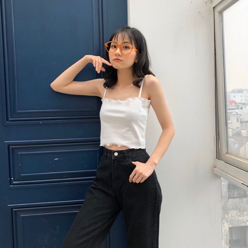 ÁO 2 DÂY LEN TĂM VIỀN BÈO VÀNG TÍM HỒNG ĐEN TRẮNG - CROPTOP CUỐN BIÊN ULZZANG | BigBuy360 - bigbuy360.vn