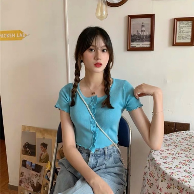 Áo croptop len dệt kim cổ tròn cúc ngực viền lượn sóng 20582 Ulzzang Style Hàng Quảng Châu