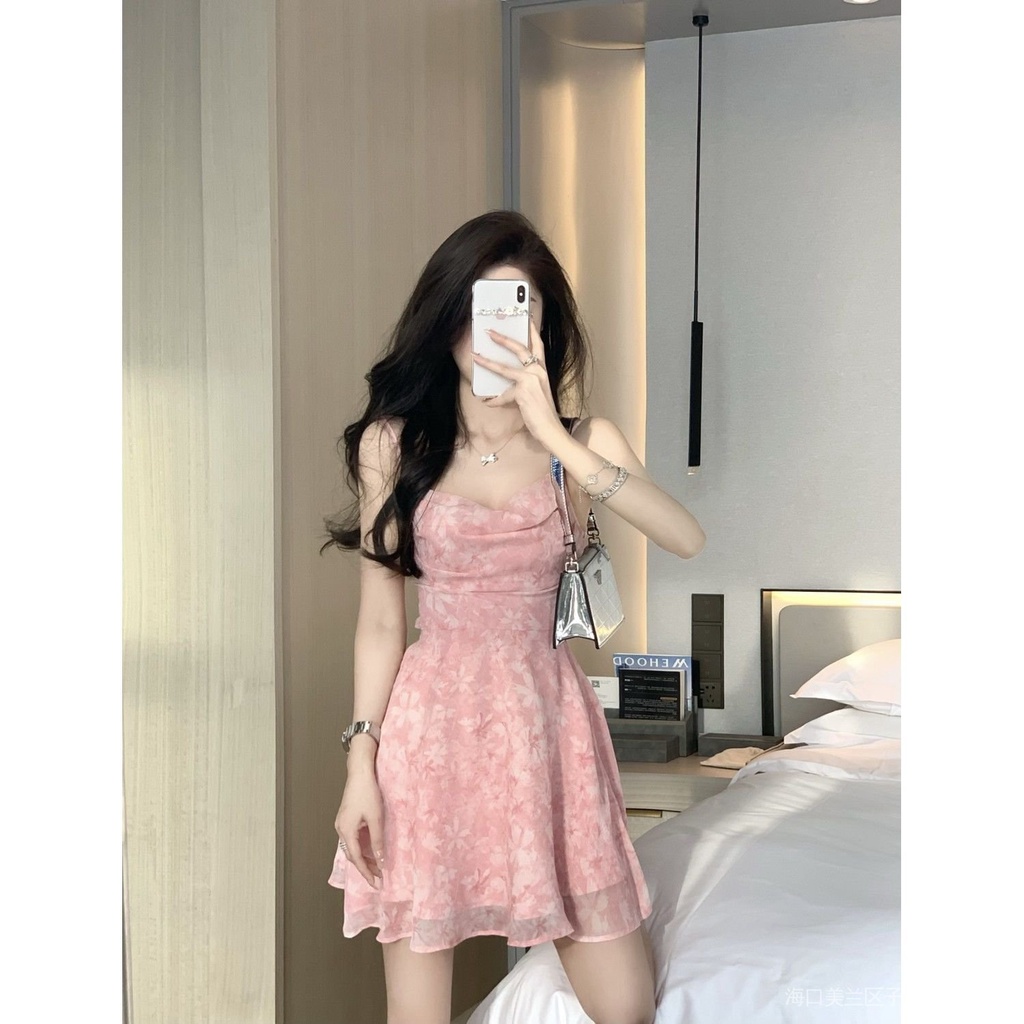 New stock pink floral romantic short skirt for women's summer 2023, unique design, slim fit for niche, floral dress, French dress, short sleeved dress, floral dress, long dress