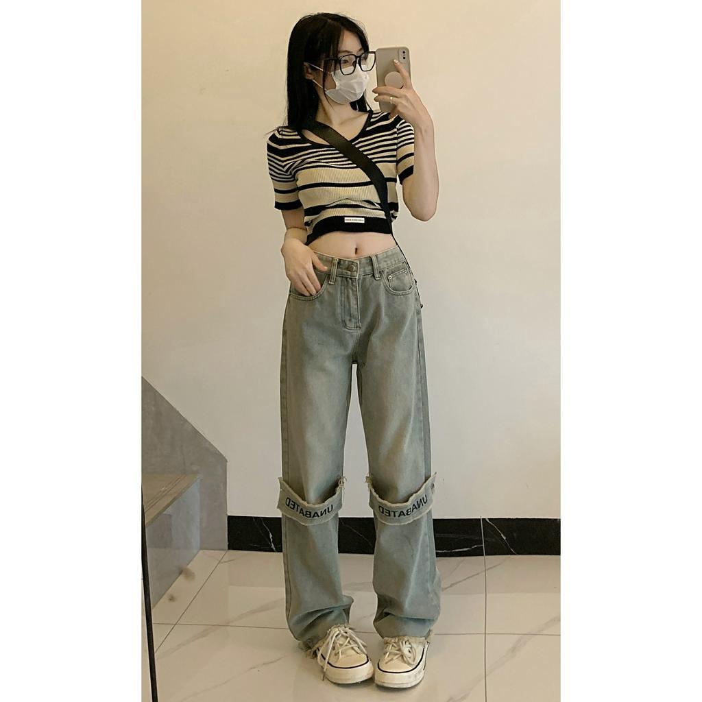 Quần jeans Nữ Lưng Cao Ống Rộng Thời Trang Cá Tính