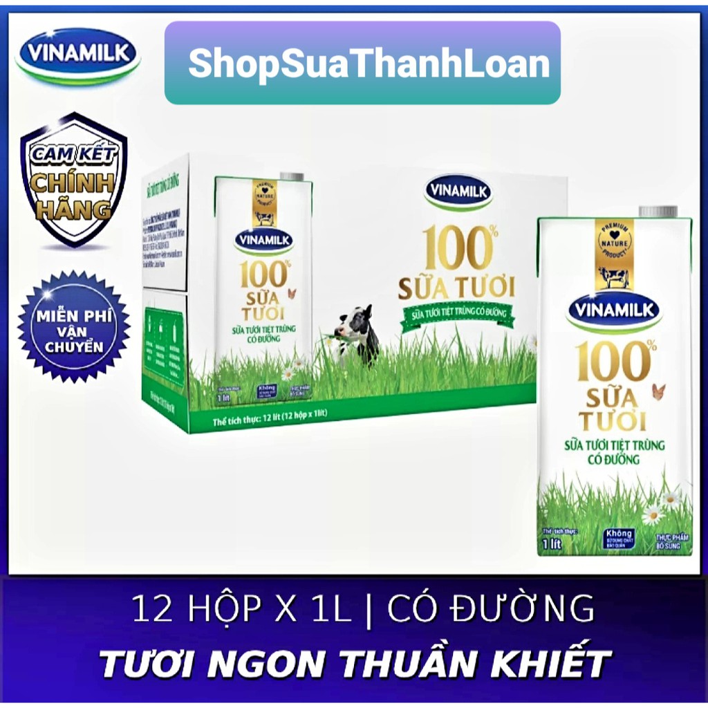 [HSD T9-2022] Thùng 12 Hộp Sữa tươi tiệt trùng Vinamilk 100% Có đường - Hộp giấy 1L