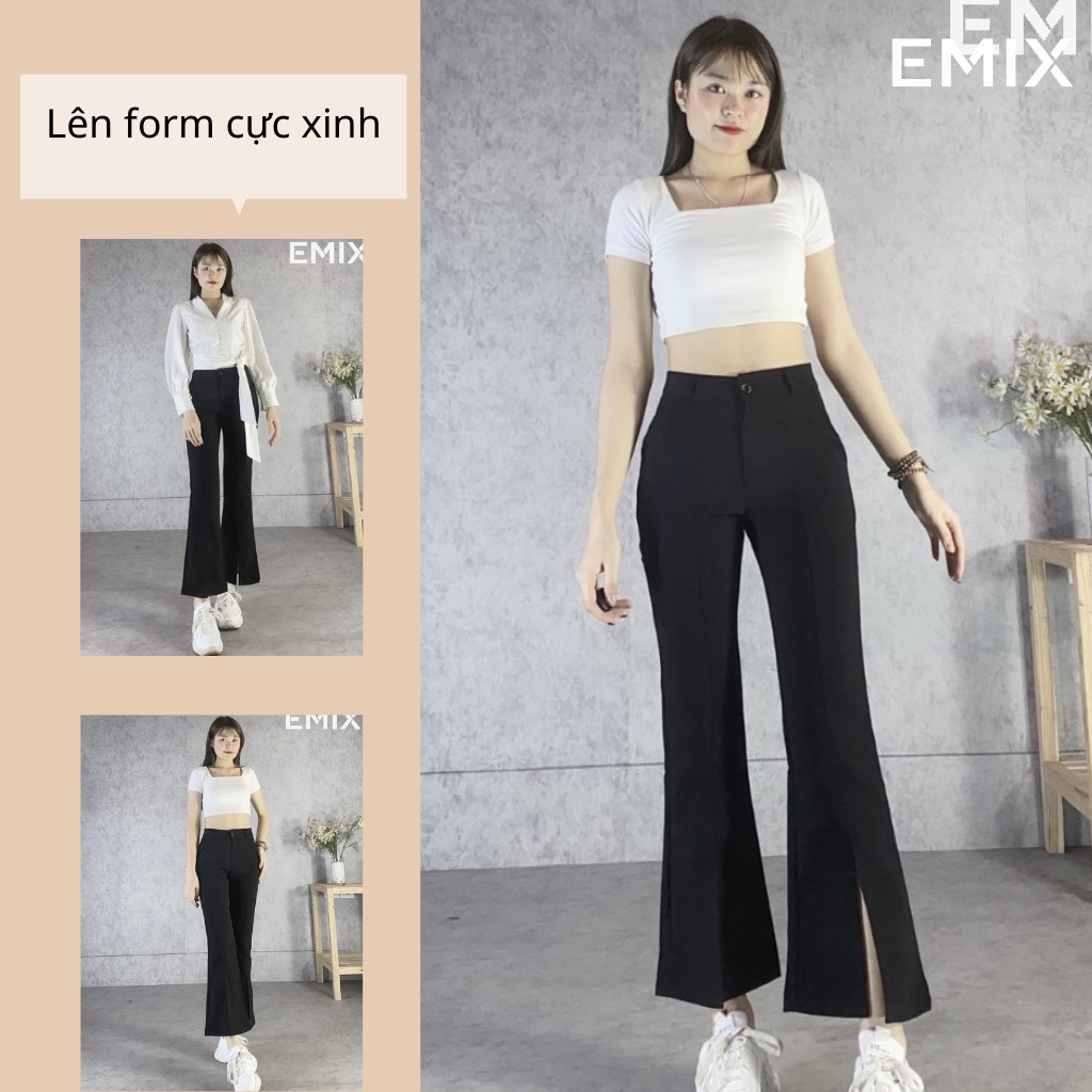 Quần tây nữ công sở ống loe xẻ trước EMIX (màu đen), cạp cao, dáng dài 92cm, khóa trước, xẻ vừa, chất tuyết mưa 2026