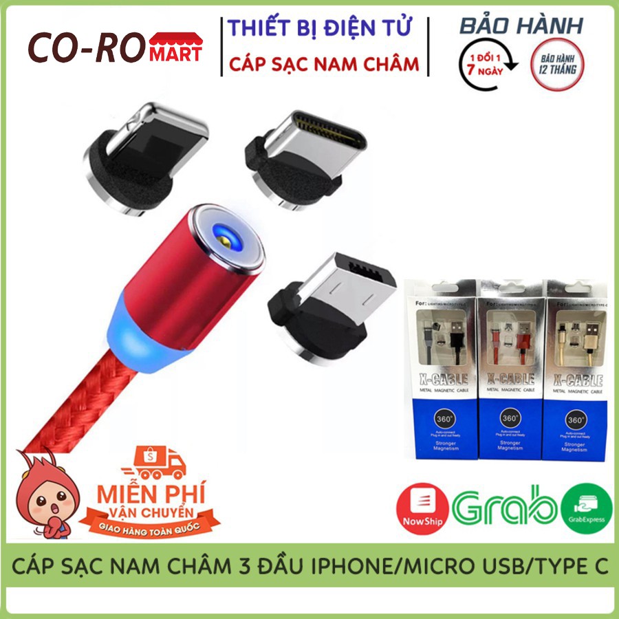 Cáp Sạc Điện Thoại, Nam Châm 3 Đầu Hút Dành Cho Iphone/Android/Type C, Dây Dù Xoay 360 Độ, Có Đèn Led