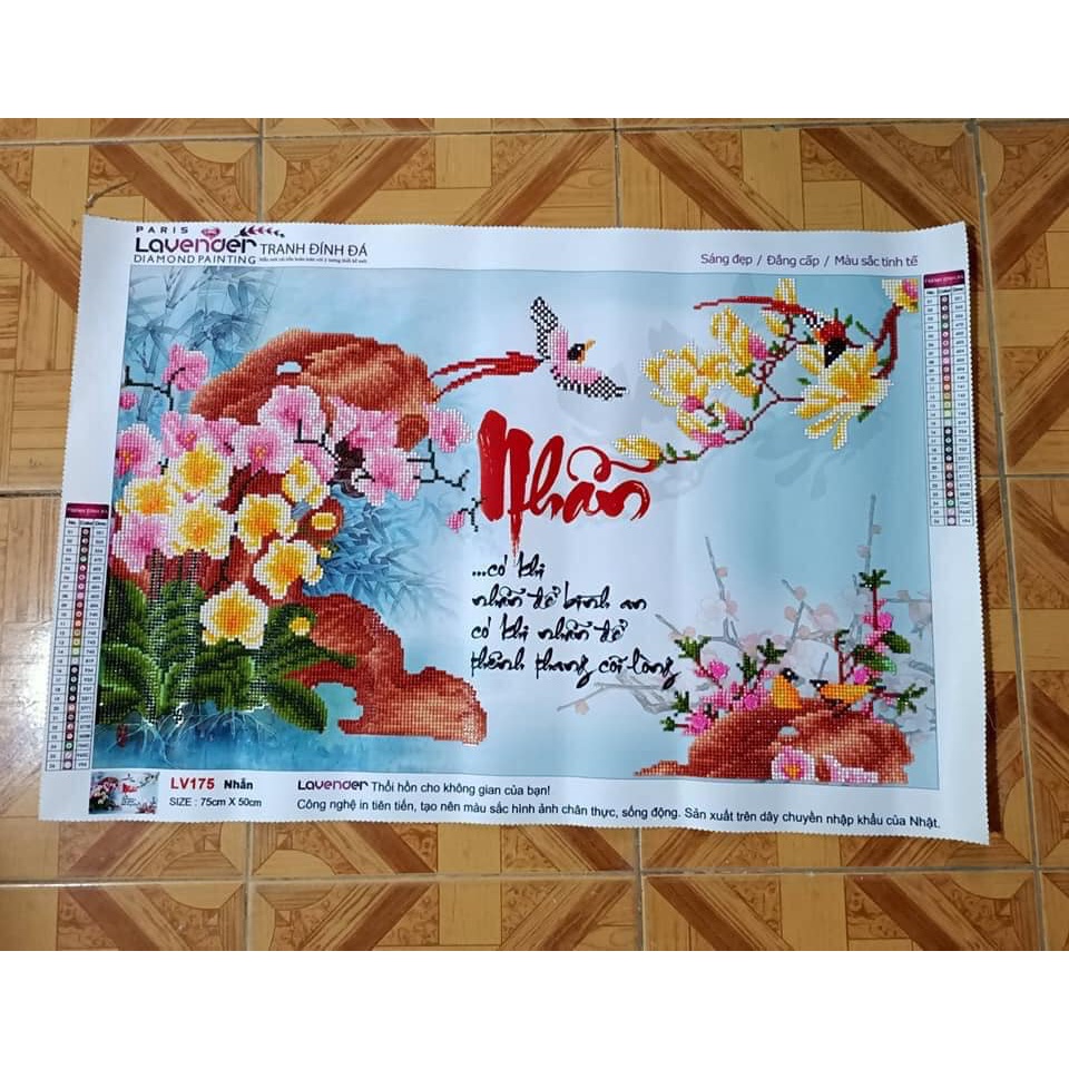 Tranh đính đá chữ Nhẫn KT 75x50cm, tranh chưa gắn đá, không khung
