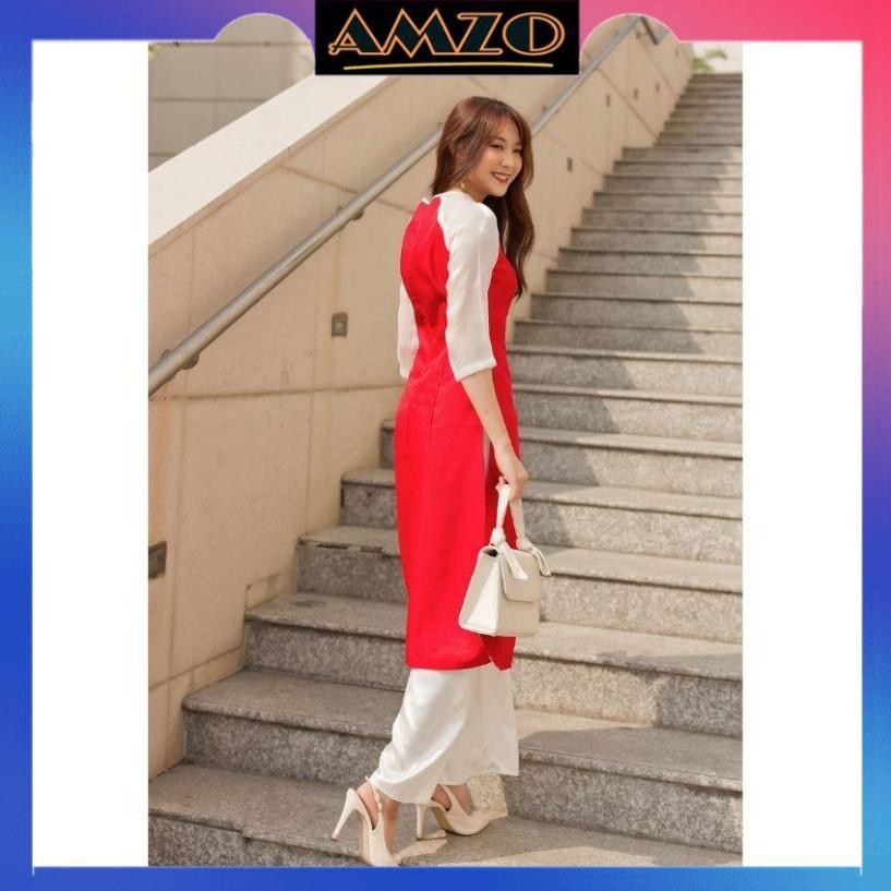 Áo Dài Cách Tân Chất Taffta Phối Tay Voan Tơ Kèm Hoa Cài Áo Màu Đỏ +  Nâu Sang Trọng, Quý Phái. | BigBuy360 - bigbuy360.vn